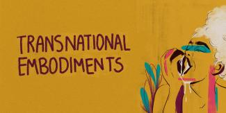 Illustration of a woman biting a juicy peach. To the left, the words "Transnational Embodiments"