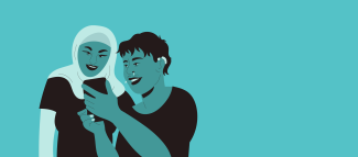 Blue background banner depicting two people looking at a phone. The image represent two people looking at the survey together. The person to the left is a hijabi woman and the person to the right has short hair, a black t-shirt and a hearing aid. 